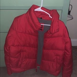 Red puffer jacket